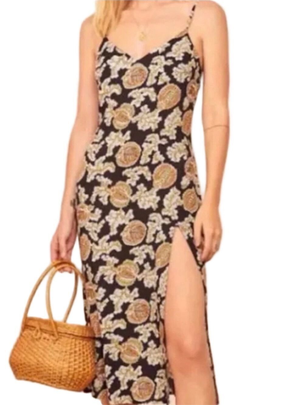 Reformation Black Floral Slip Dress with Side Slit